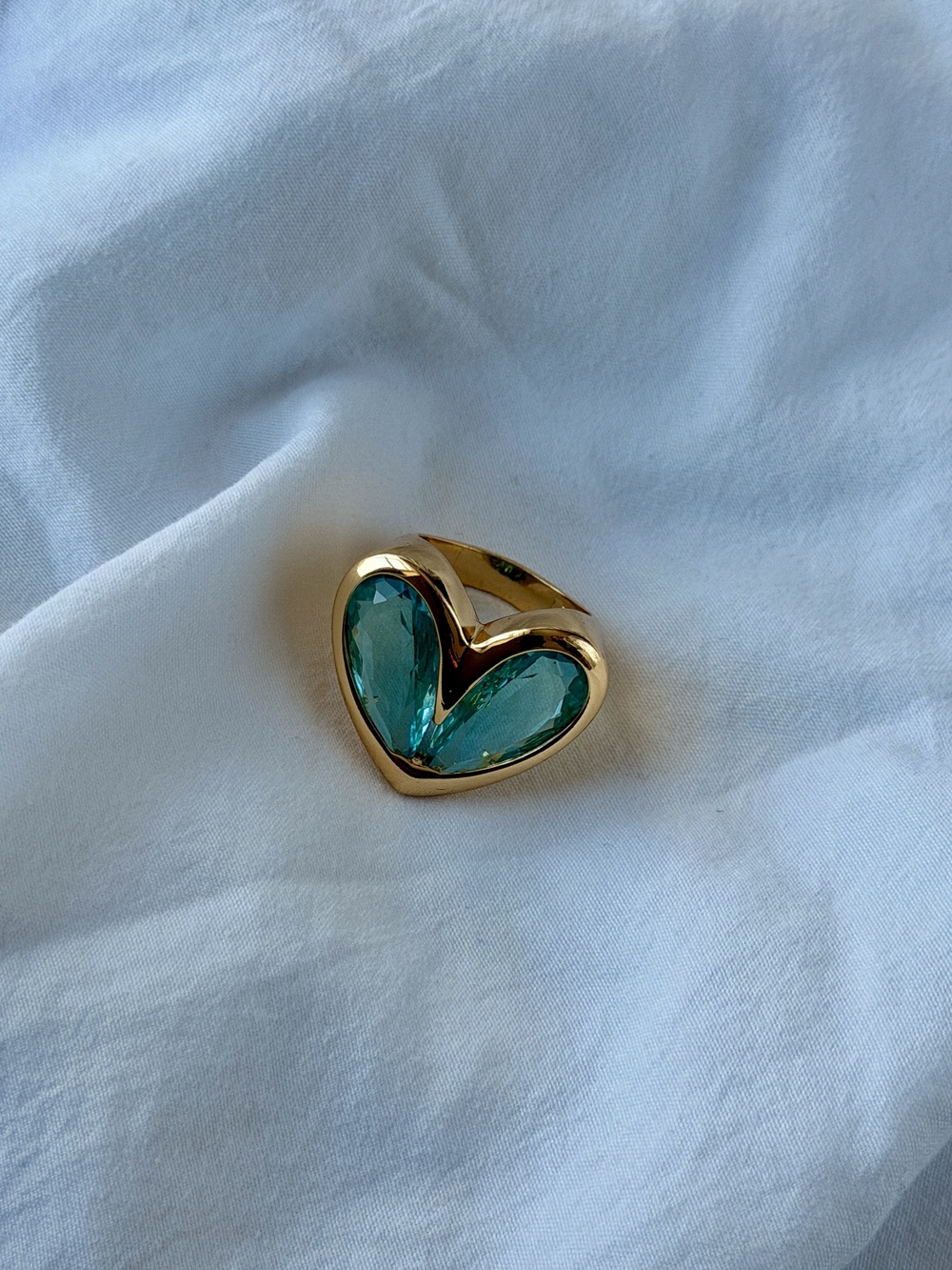 Stoned Heart Ring - 18k Gold Plated - Reconstituted Sky Topaz